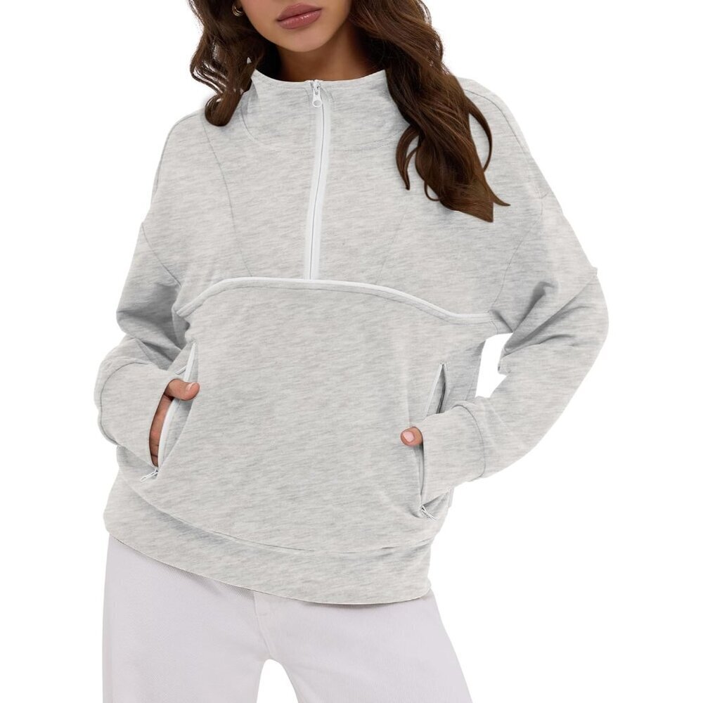 Womens Sweatshirt Polyester Cotton Fall Winter Zip Hoodie with Contrast Stitch